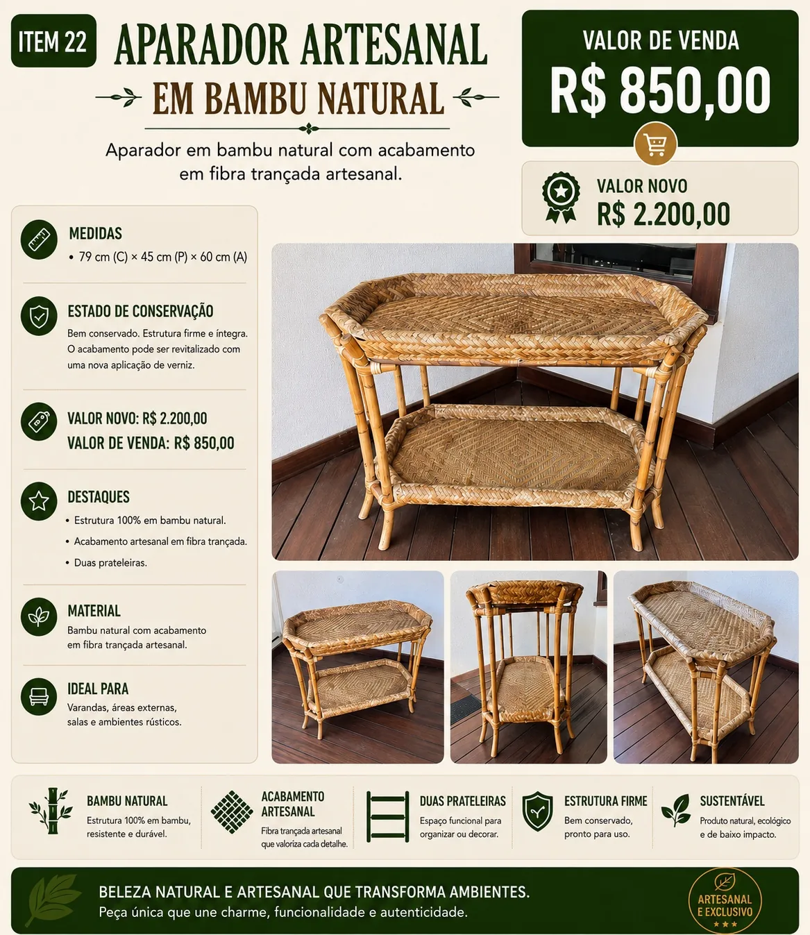 Aparador Artesanal em Bambu Natural M
