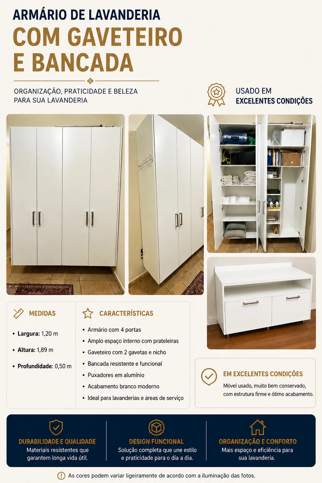 Armário de Lavanderia com Gaveteiro e Bancada