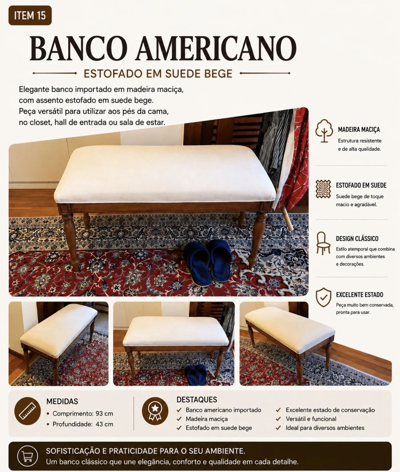 Banco Americano Estofado em Suede Bege
