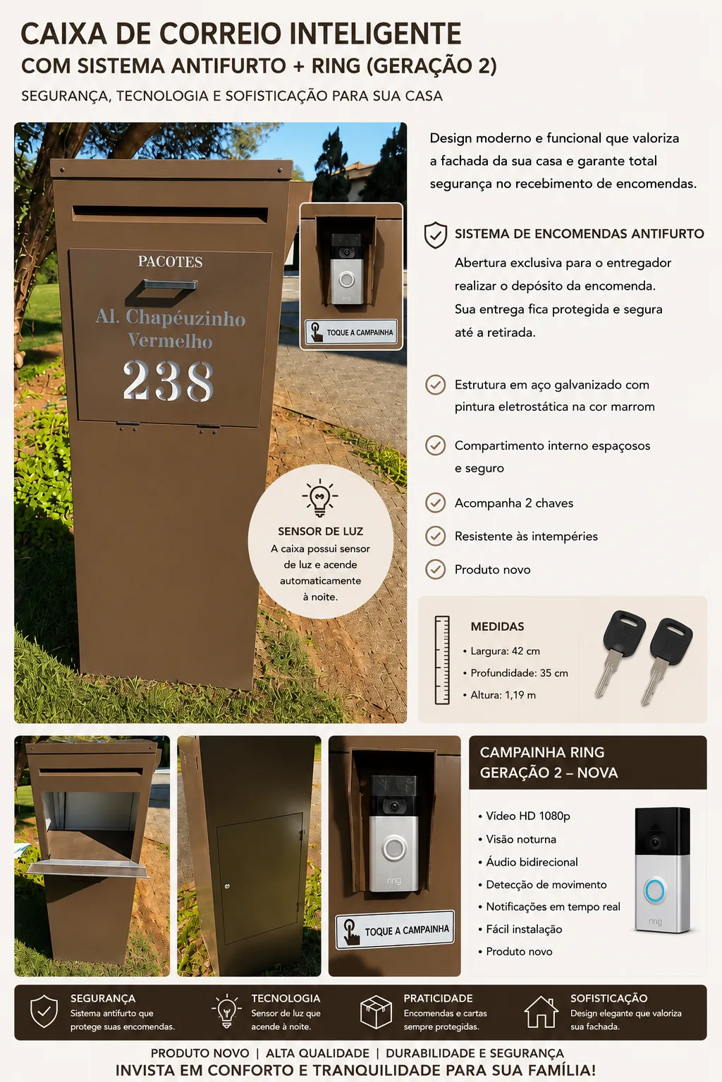 Caixa de Correio Inteligente com Sistema Antifurto + Ring (Geração 2)