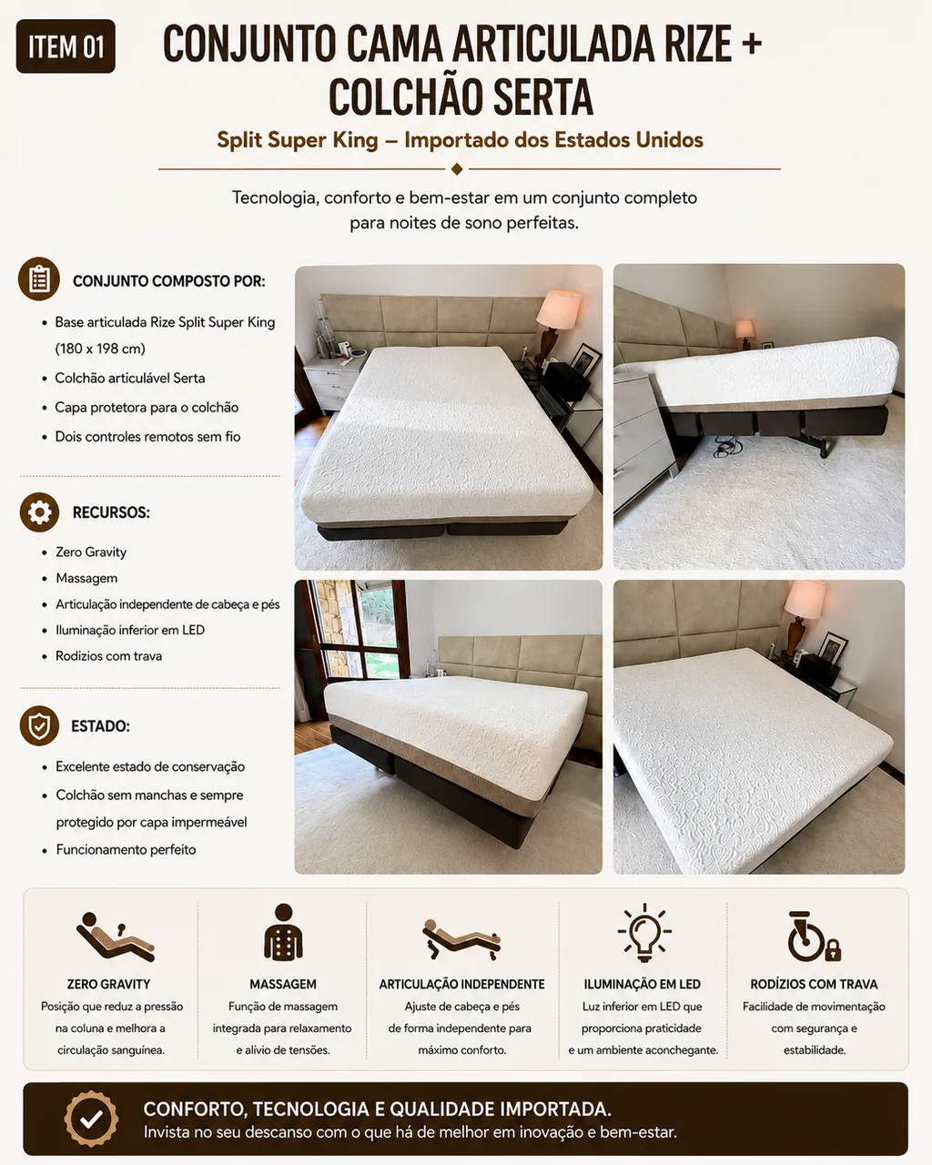 Conjunto Cama Articulada Rize + Colchão Serta