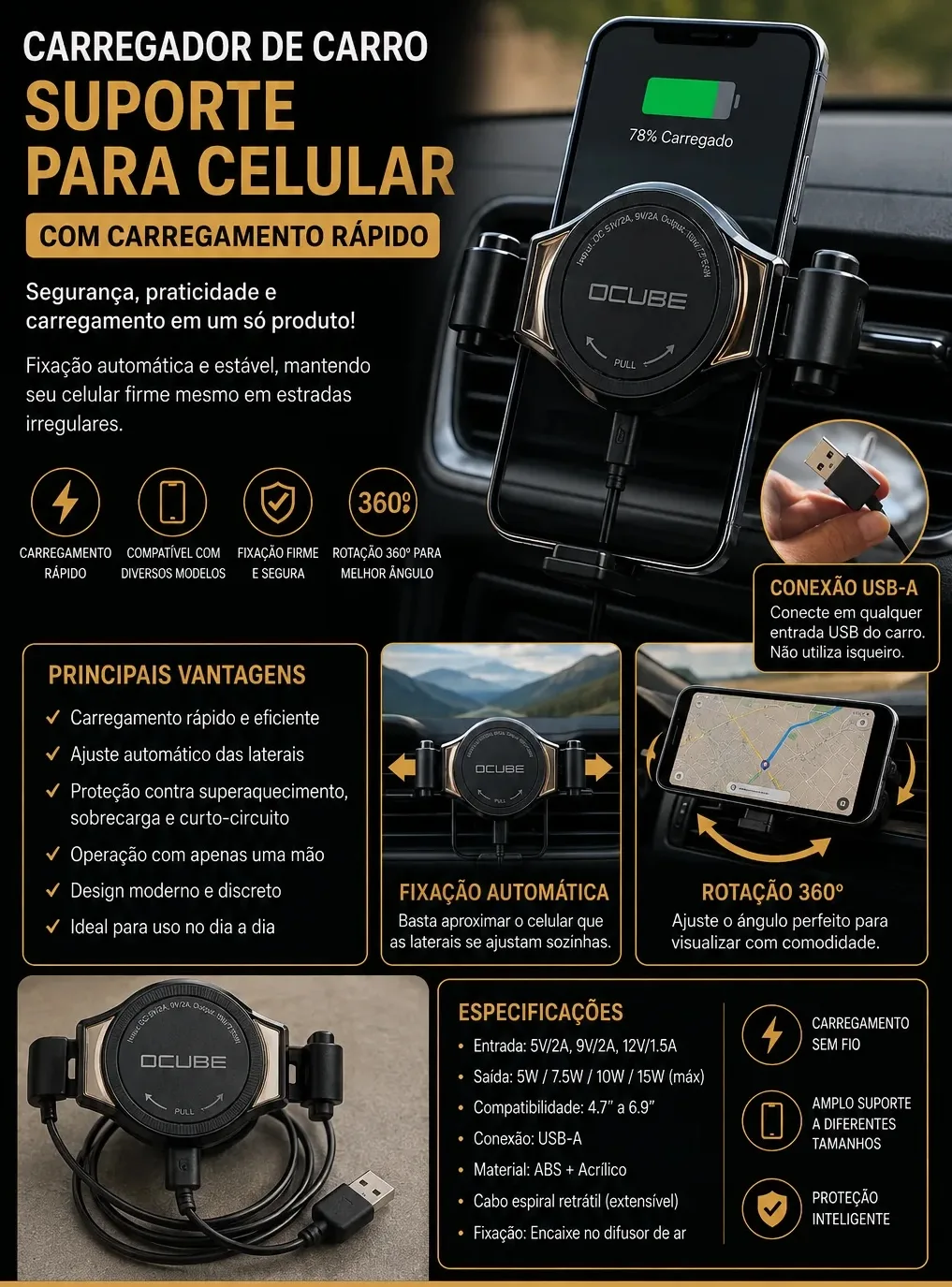 Suporte de Celular para o carro com carregamento por contato