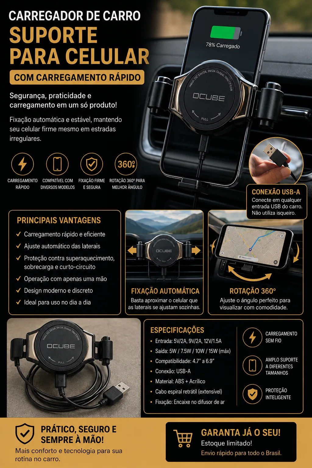 Carregador Veicular com Suporte para Celular