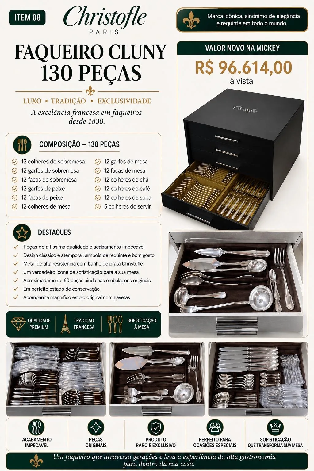 Faqueiro  Christofle em Prata - 130 Peças Cluny