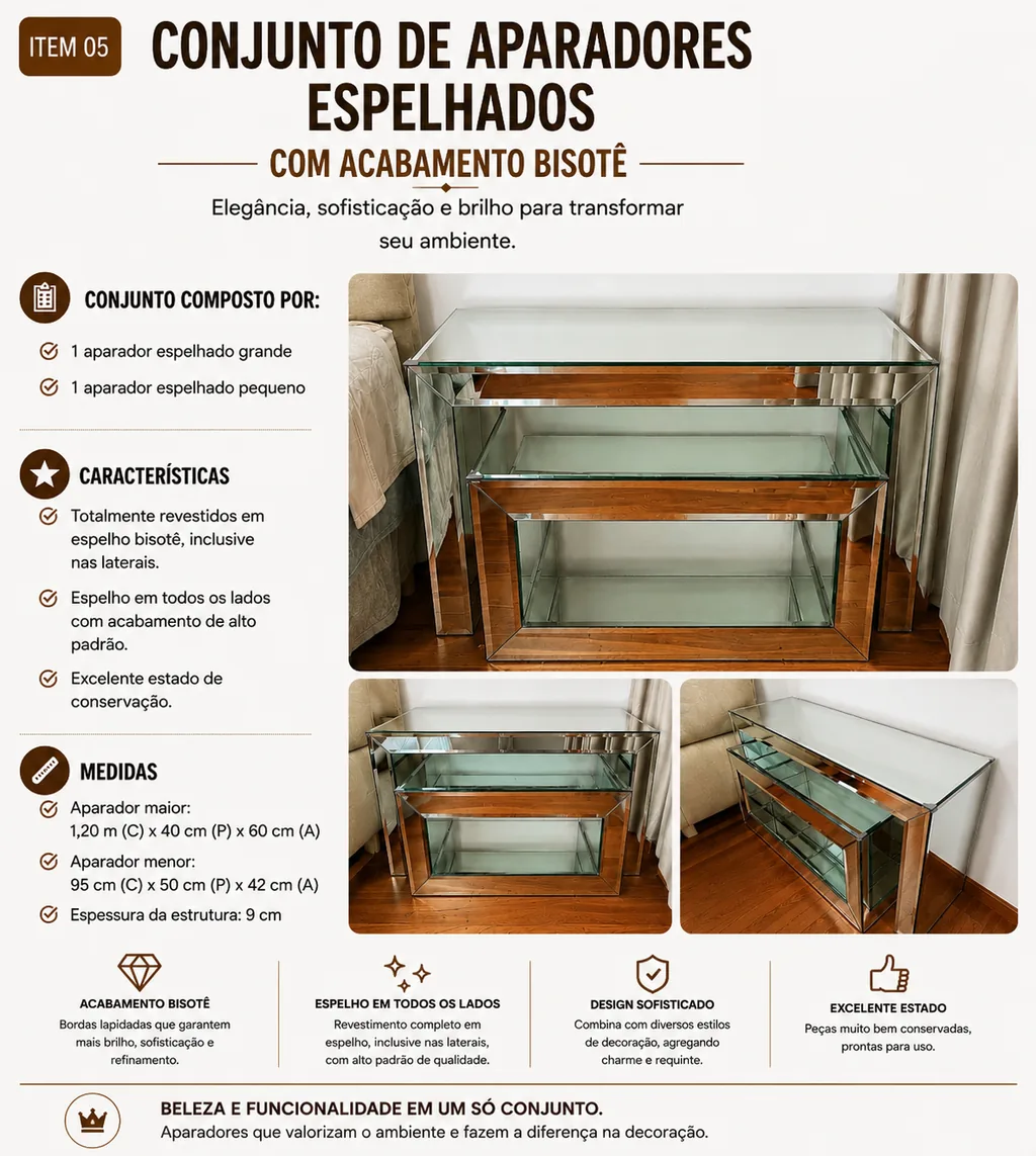 Conjunto de Mesa Lateral Espelhados (criado-mudo)