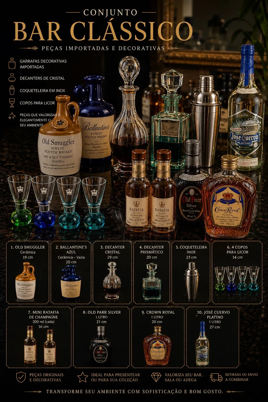 Conjunto Bar Clássico 10 Peças Importadas e Decorativas