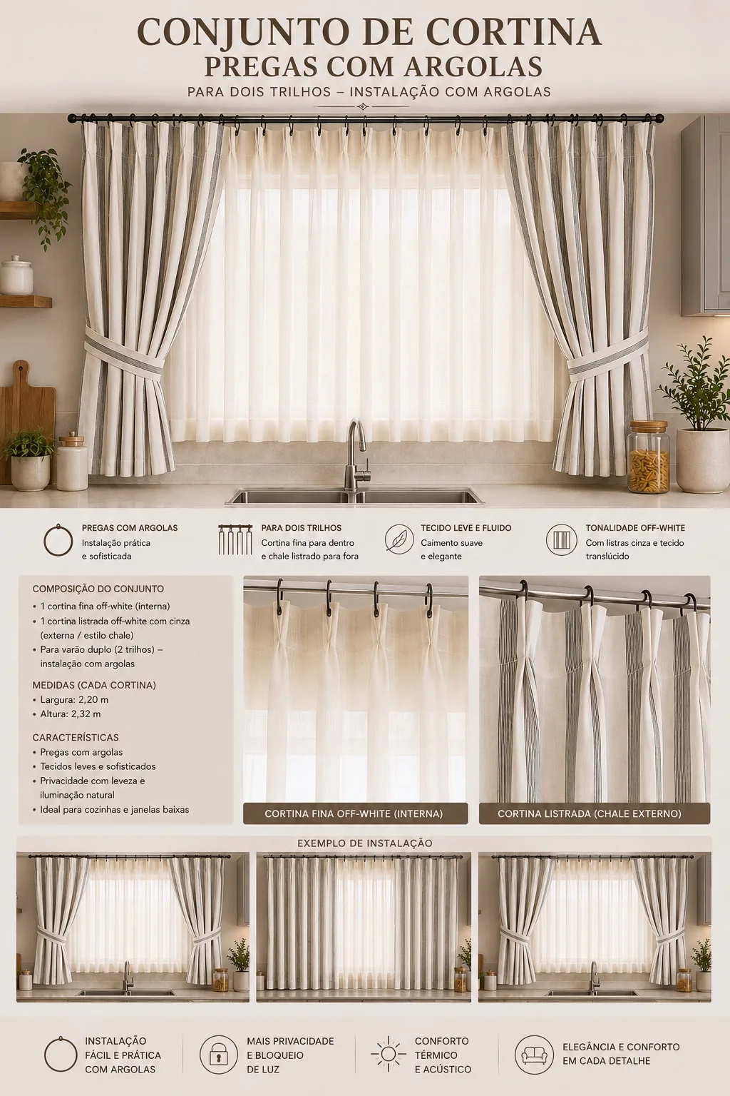 Conjunto de Cortina Pregas com Argolas