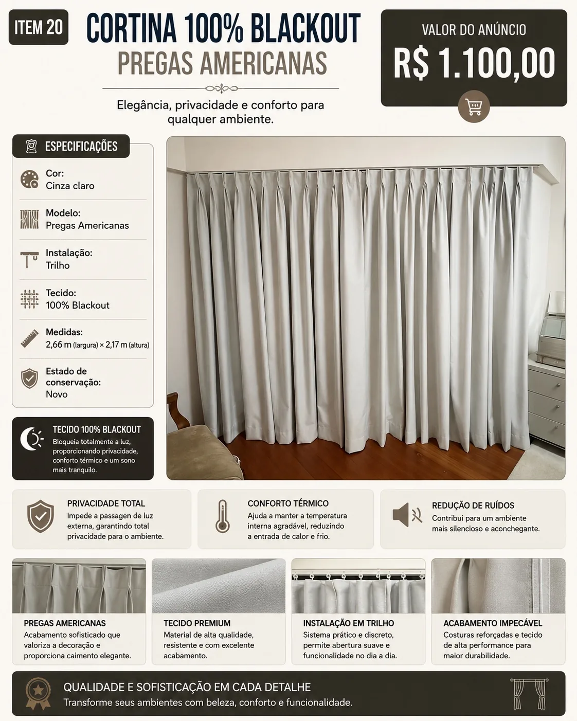 Cortina 100% Blackout Pregas Americanas 2,66 × 2,17