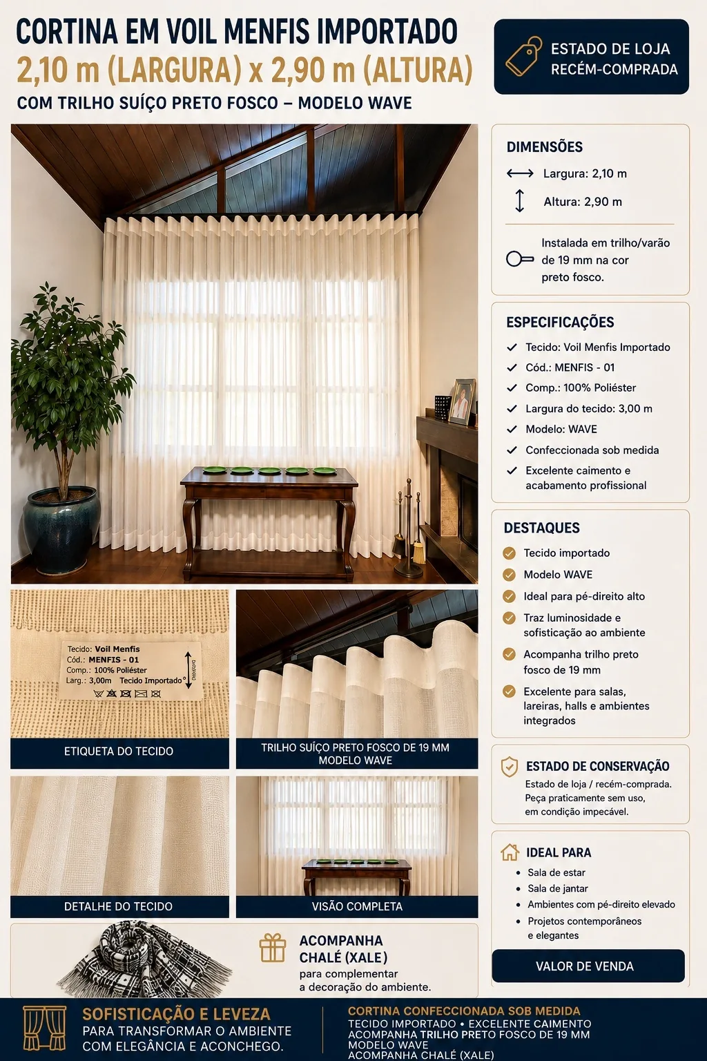 Cortina em Voil Menfis Importado 2,10 × 2,90 — Modelo Wave