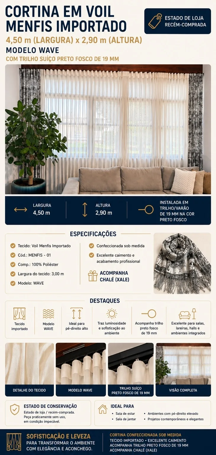Cortina em Voil Menfis Importado 4,50 × 2,90 — Modelo Wave