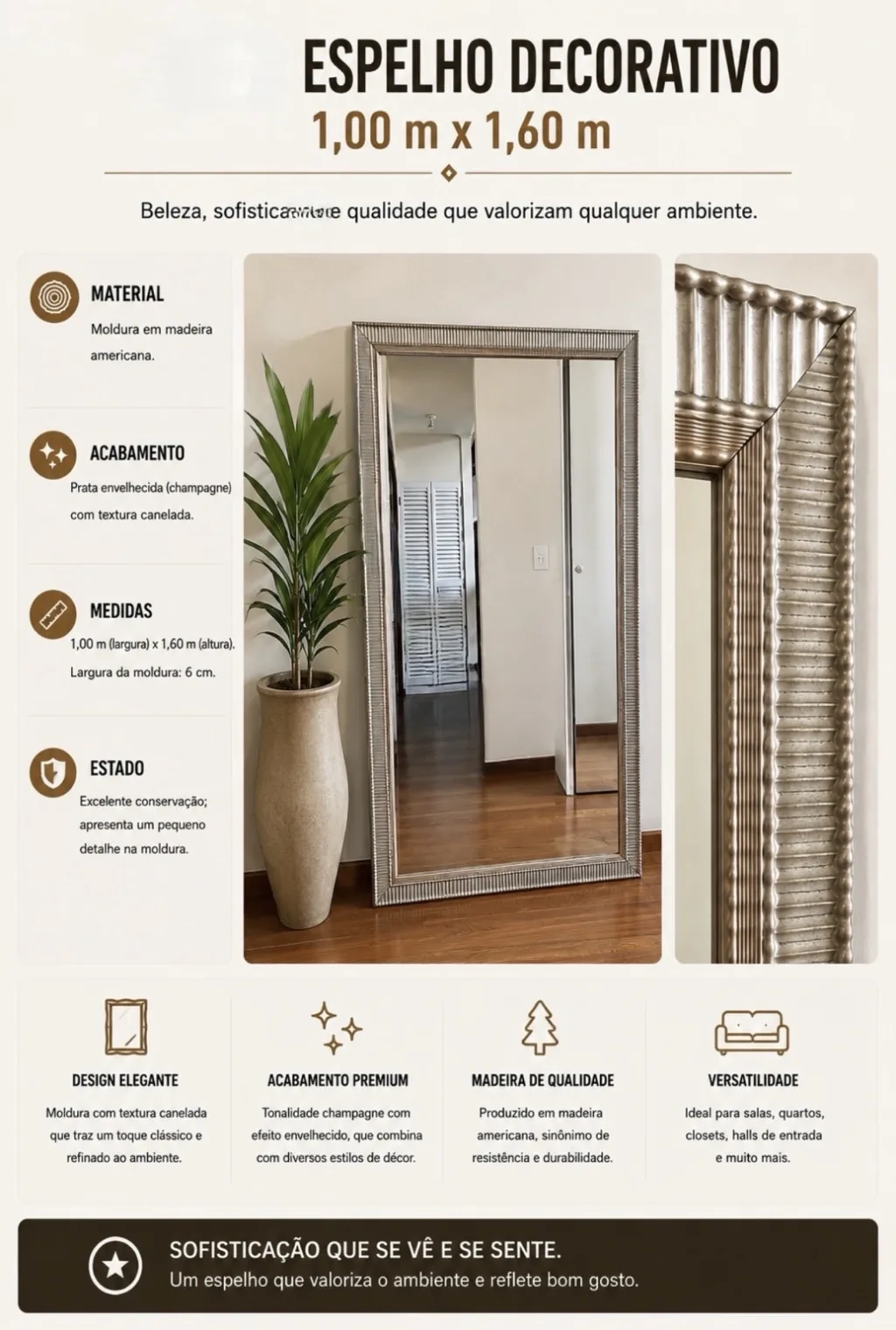 Espelho Decorativo Canelado 1,60 m L x 1,00m A