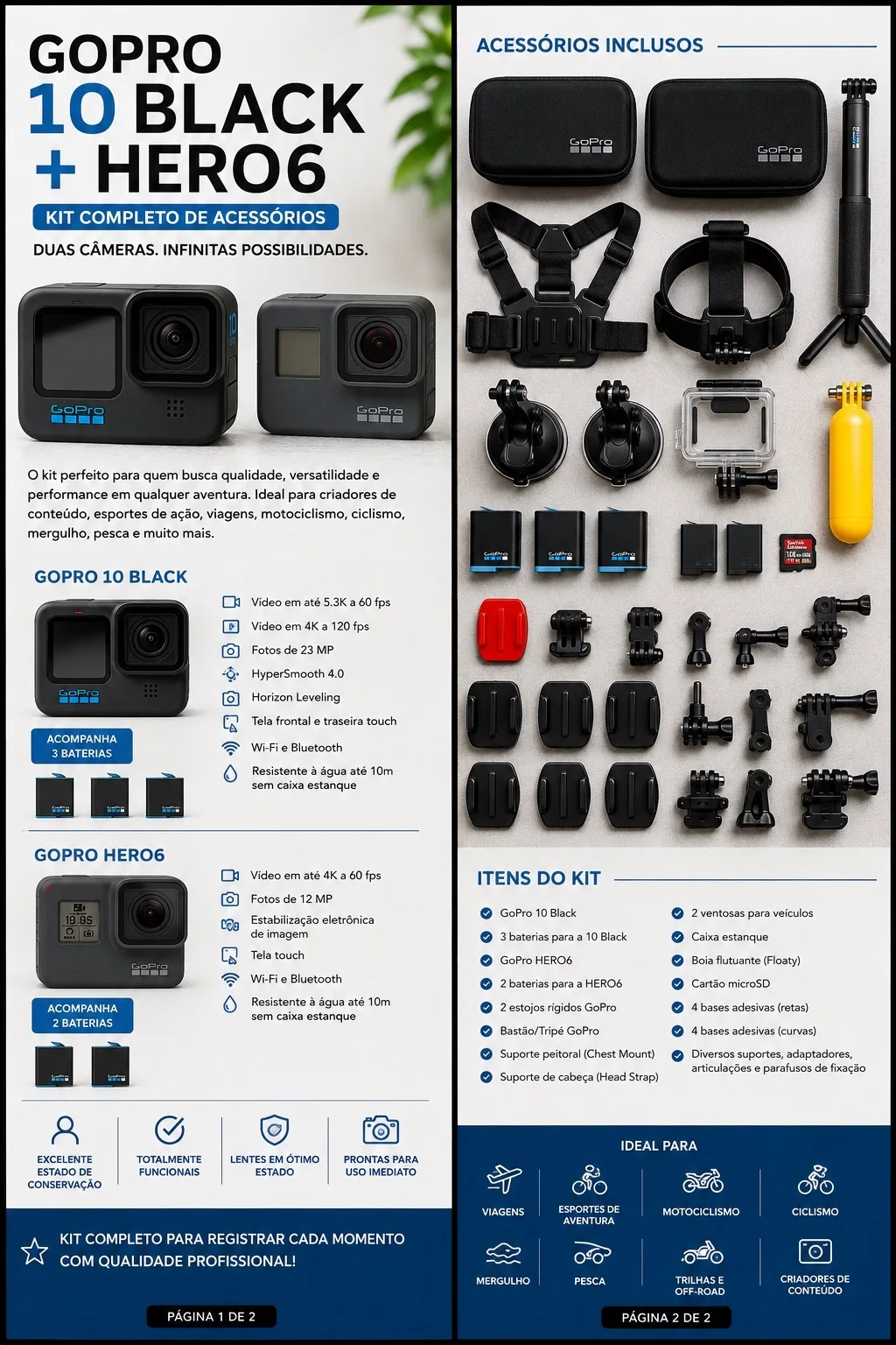 GoPro 10 Black + Hero6 (Kit Completo de Acessórios)