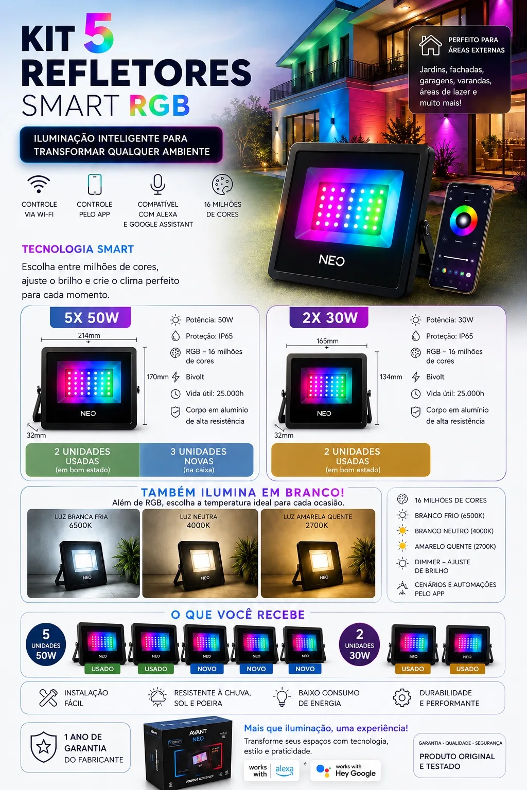 Kit 7 Refletores Smart RGB  05 × 50 W + 02 × 30 W