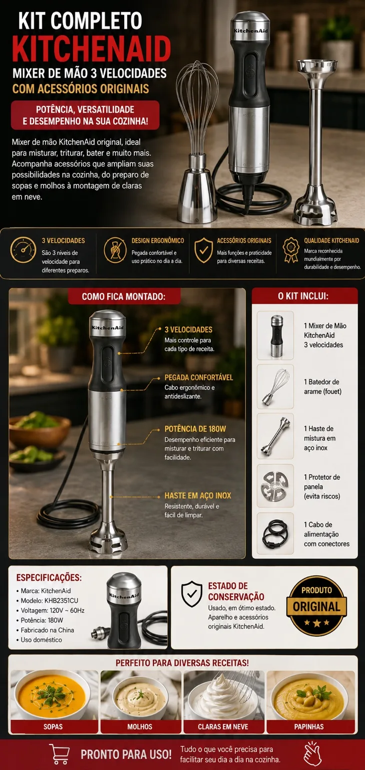 Kit Completo KitchenAid Mixer de Mão 3 Velocidades