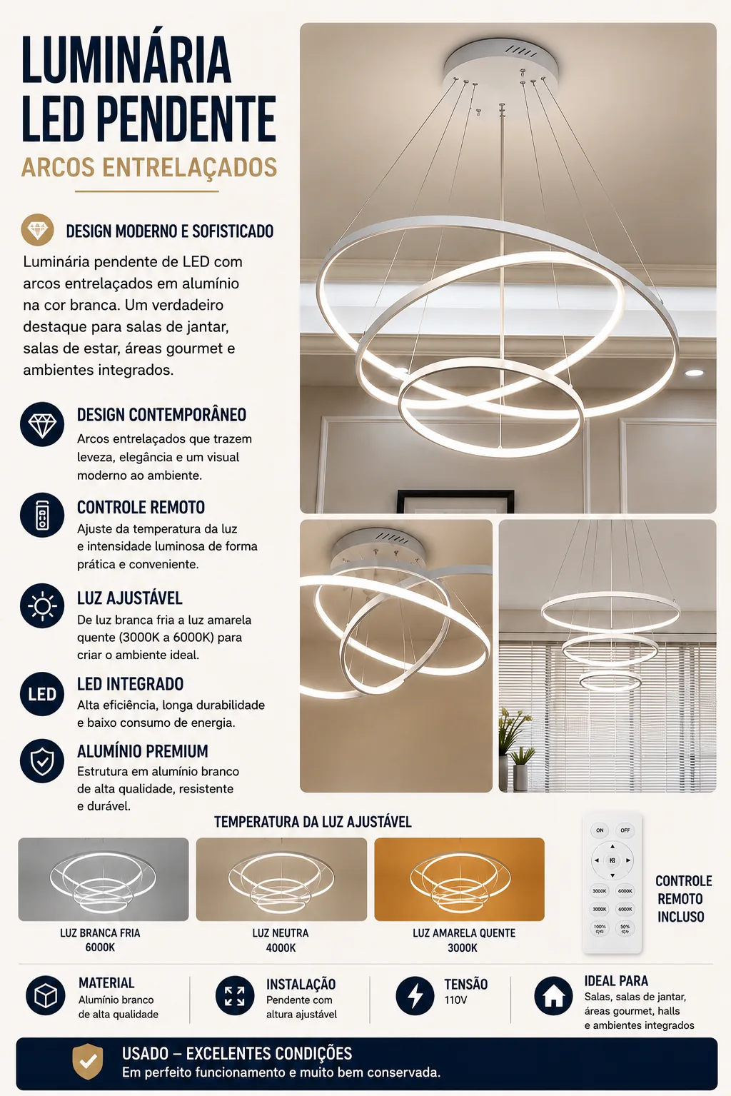 Luminária LED Pendente Arcos Entrelaçados