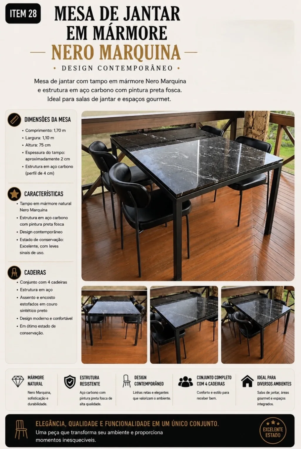 Mesa de Jantar em Mármore Nero Marquina + 4 Cadeiras