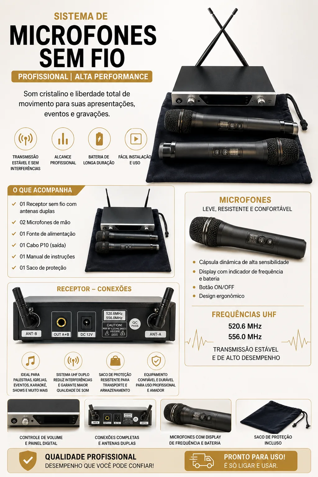 Sistema de Microfones sem Fio Profissional (par)