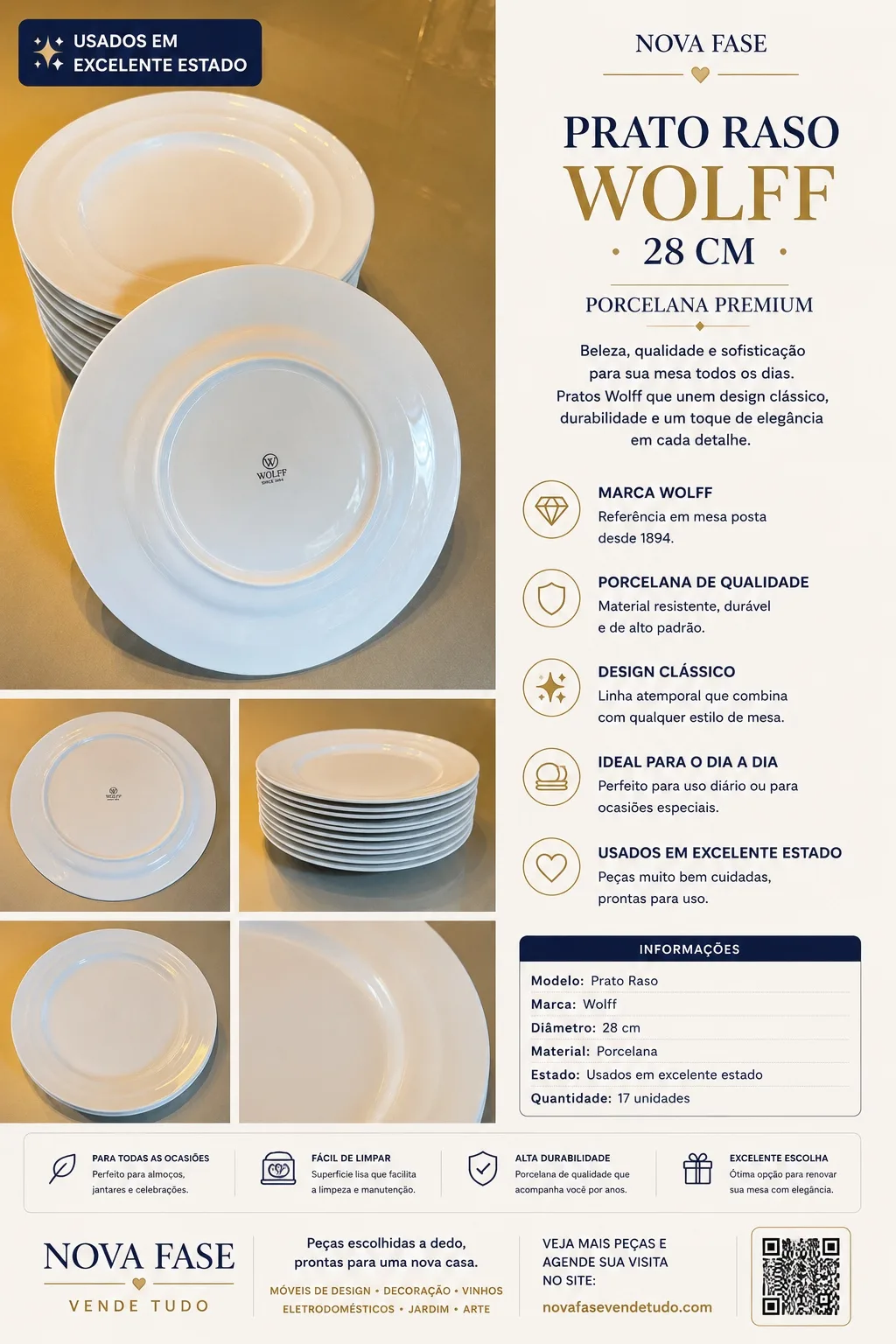 Pratos Rasos Wolff 28 cm Porcelana (17 unidades)