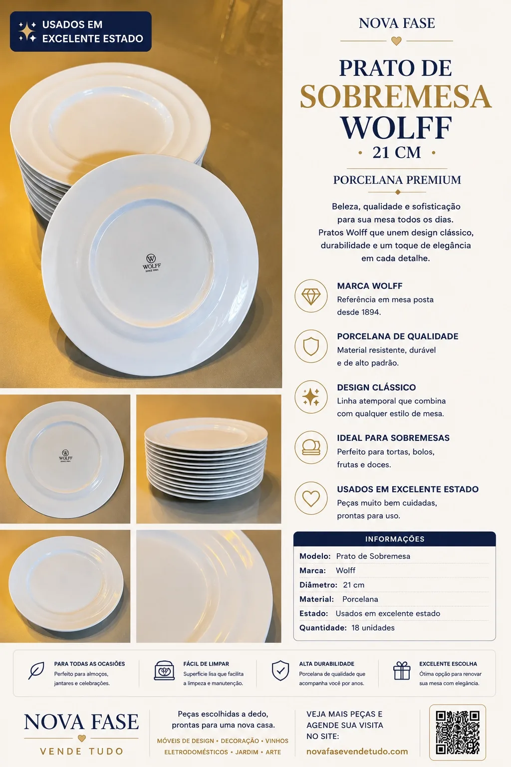 Pratos de Sobremesa Wolff 21 cm Porcelana (18 unidades)