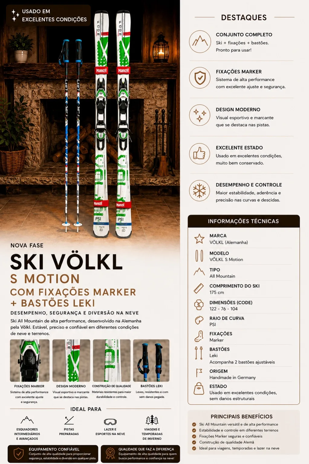 Ski Völkl S Motion com Fixações Marker e Bastões Leki