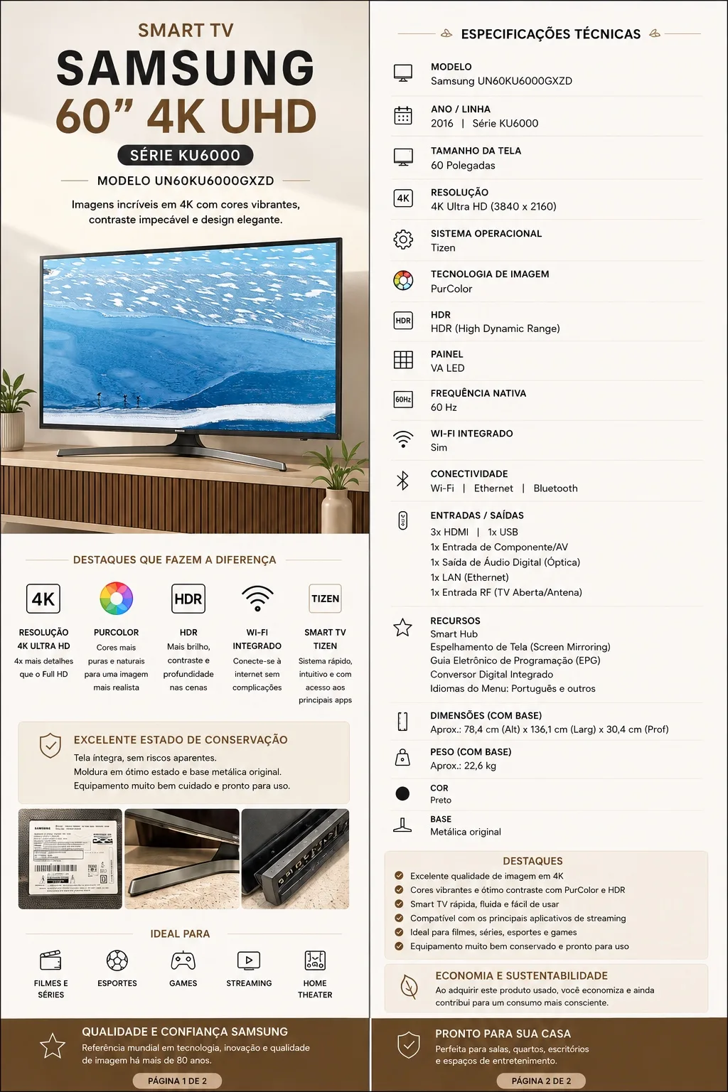 Smart TV Samsung 60" 4K UHD Série KU6000