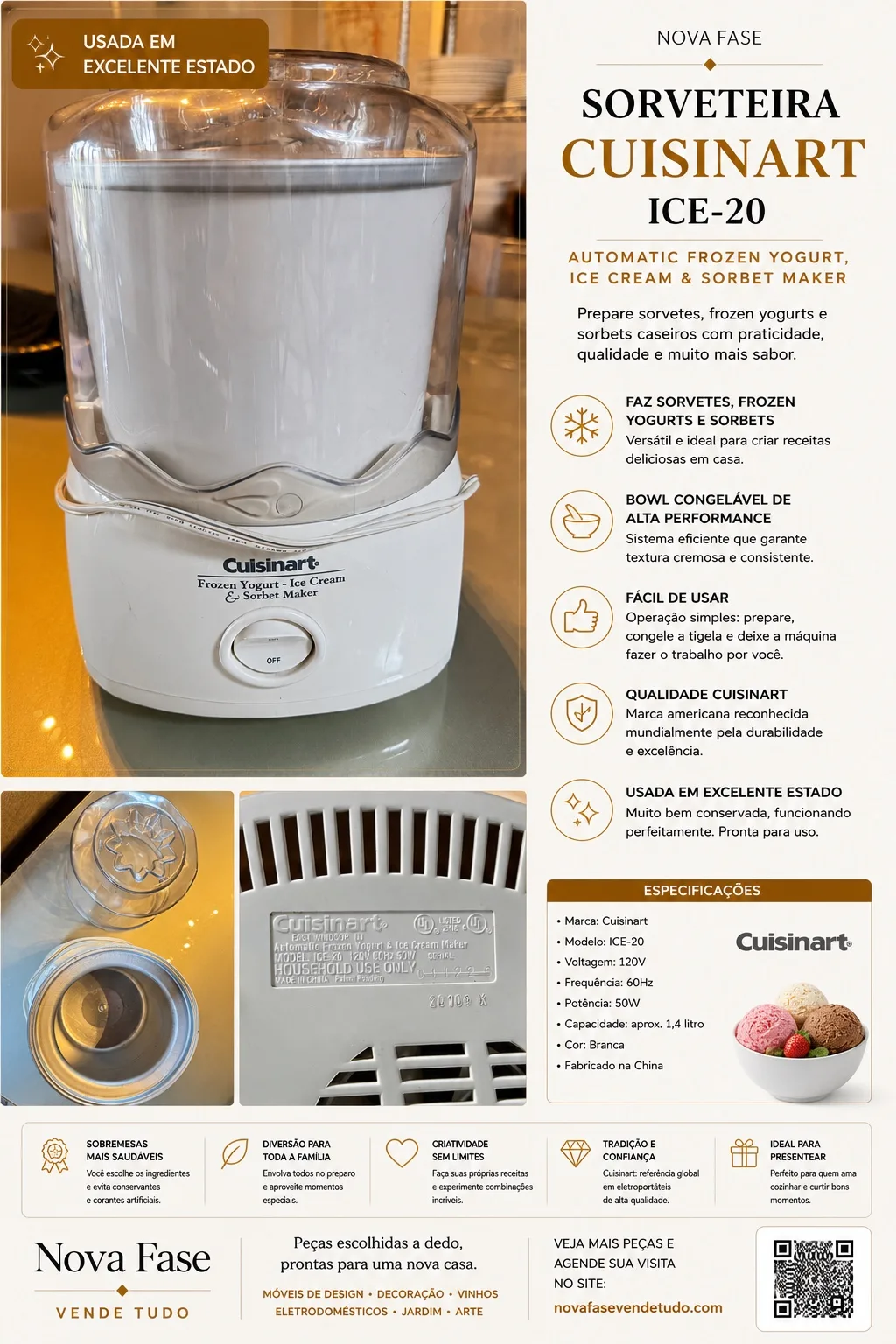 Sorveteira Cuisinart ICE-20 — Frozen Yogurt, Ice Cream & Sorbet Maker