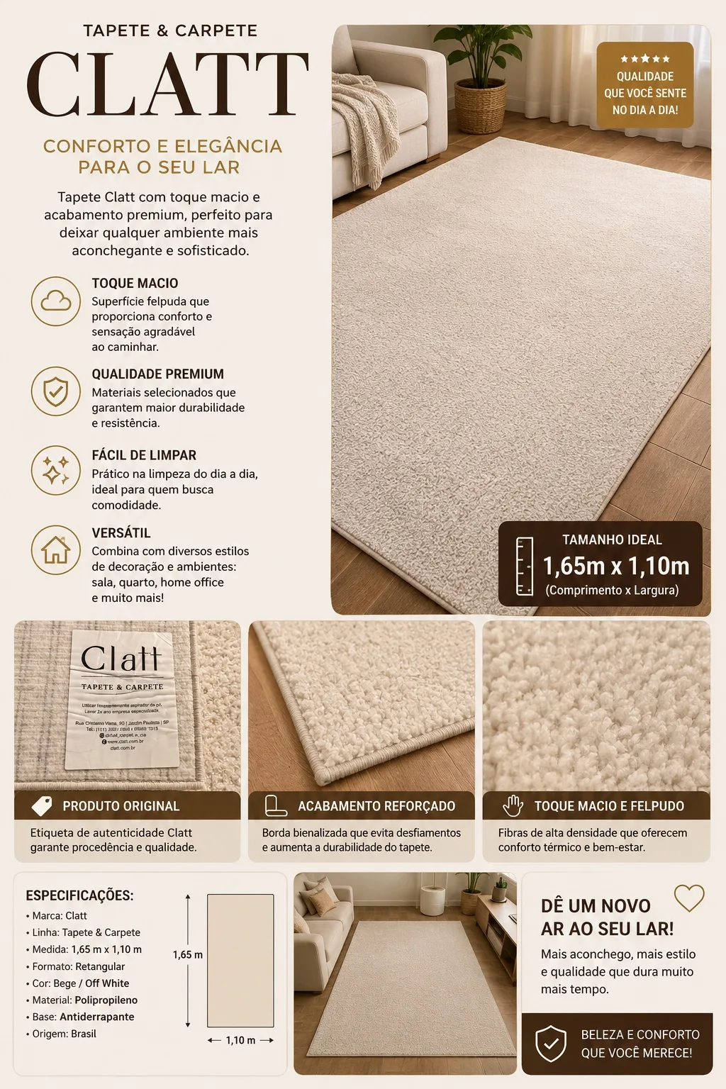 Tapete Clatt Bege 1,65 × 1,10 m