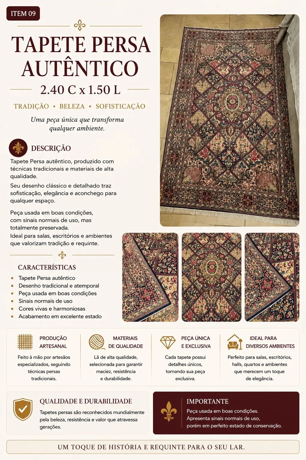 Tapete Persa Autêntico 2,40 × 1,50 m