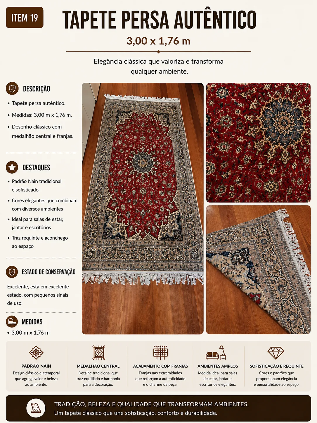 Tapete Persa Nain Vermelho 3,00 × 1,76 m
