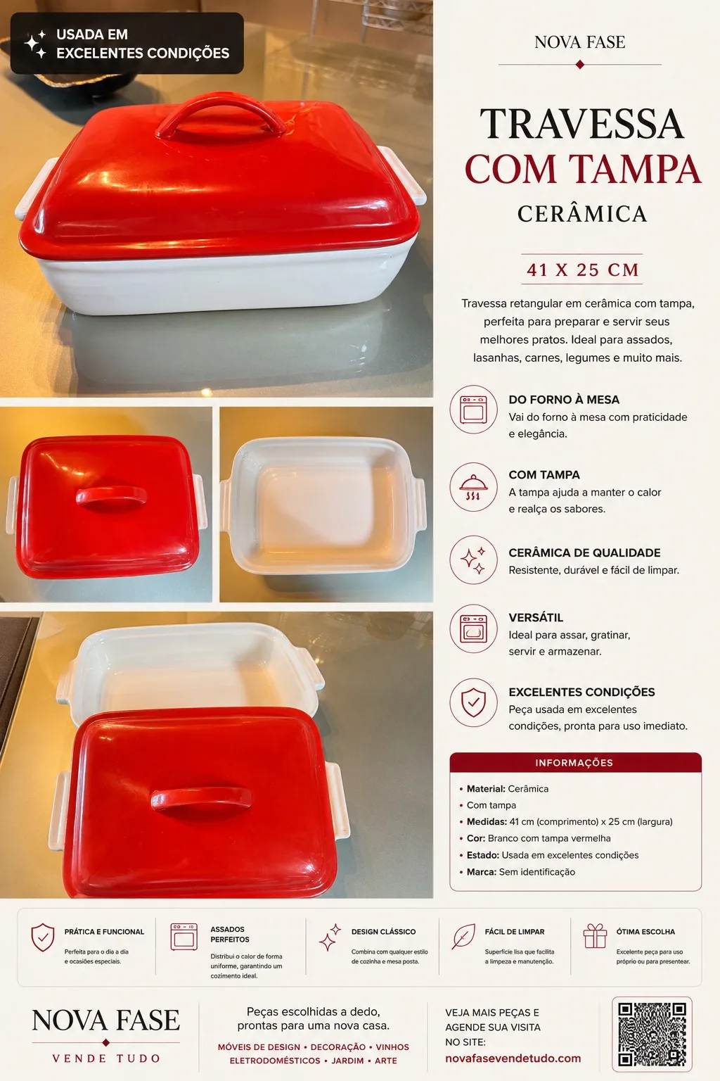 Travessa com Tampa em Cerâmica 41 × 25 cm
