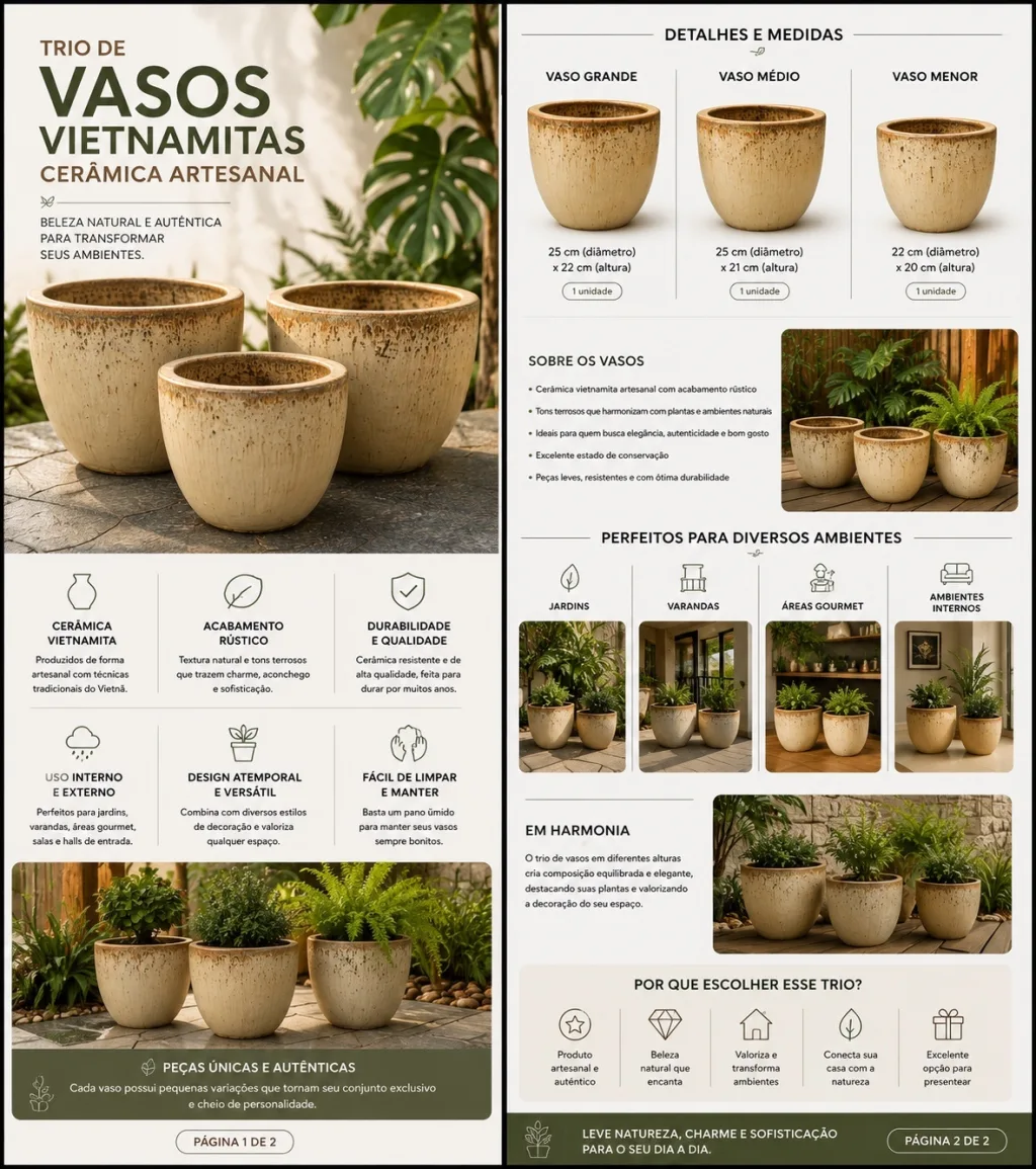 Trio de Vasos Vietnamitas bege
